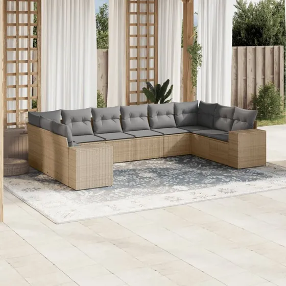10-dele havemøbelssæt i polyrattan med hynder, beige