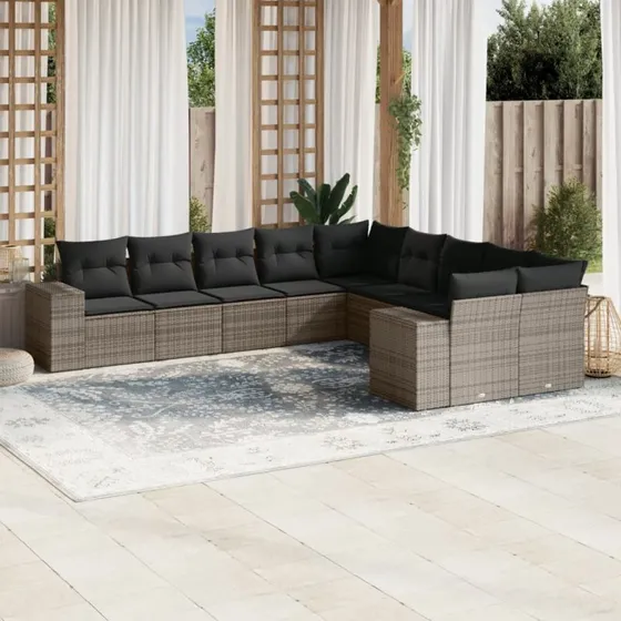 Havesofasæt 10 dele i polyrattan med hynder, grå