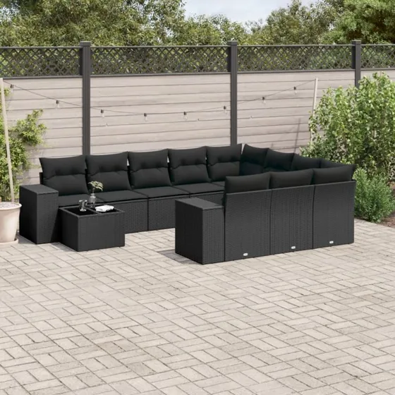 Havesofasæt 11 dele i polyrattan – sort med hynder