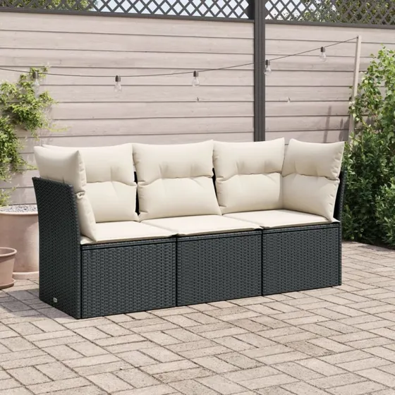 Havesofasæt 3 dele i sort polyrattan med hynder