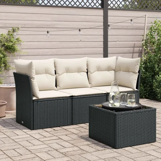 Havesofasæt polyrattan 4 dele med hynder, sort