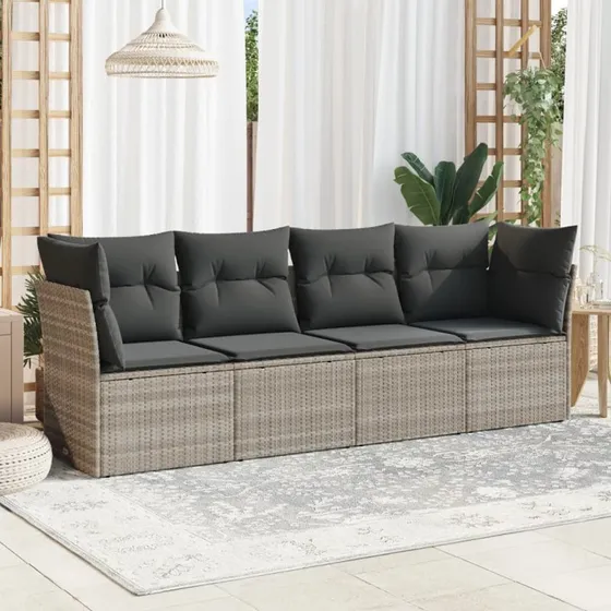 Havesofasæt 4 dele i lysegrå polyrattan med hynder