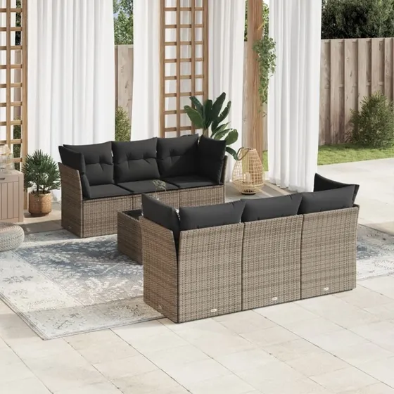 Havesofa 7 dele i grå polyrattan med hynder