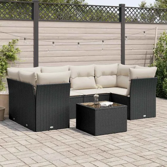 7-delers havesofasæt i sort polyrattan med hynder