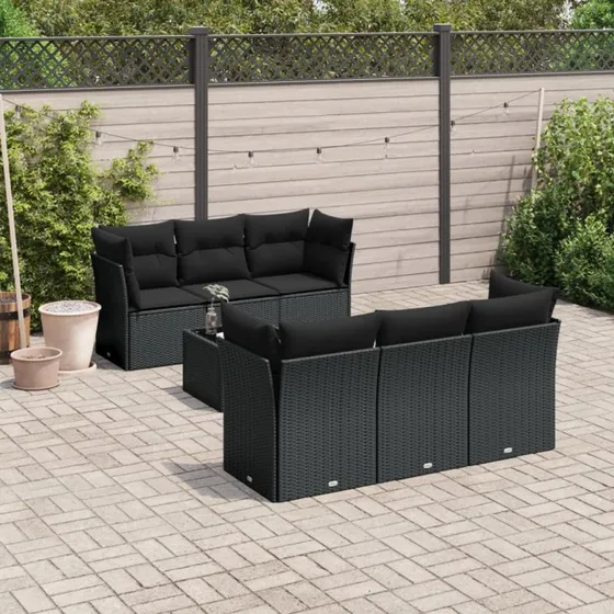 Havesofasæt 7 dele i sort polyrattan inkl. hynder