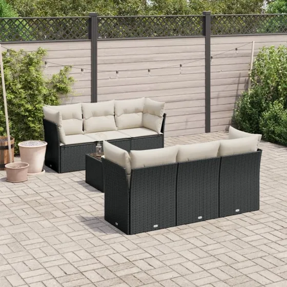 Havemøbelsæt 7 dele i sort polyrattan med hynder