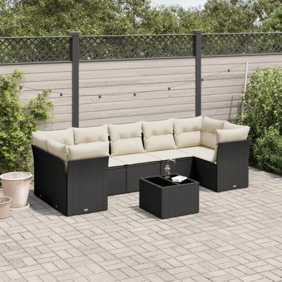 Havesofasæt 8 dele i sort polyrattan inkl. hynder