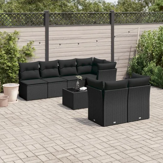 8-del havesofasæt i sort polyrattan med hynder