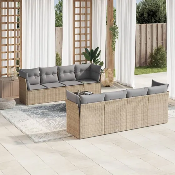 Havesofasæt 9 dele i polyrattan med hynder – beige