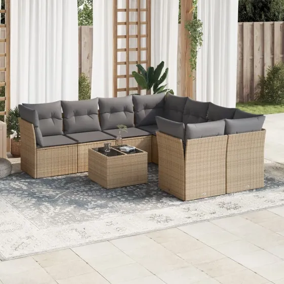 Sofasæt til haven 9 dele i polyrattan – beige