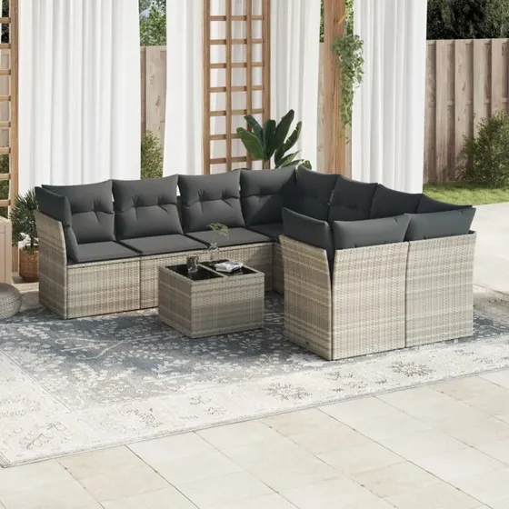 Havesofasæt 9 dele i lysegrå polyrattan med hynder