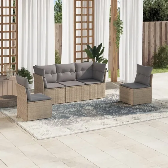 Havesofasæt 5 dele polyrattan m. hynder - beige