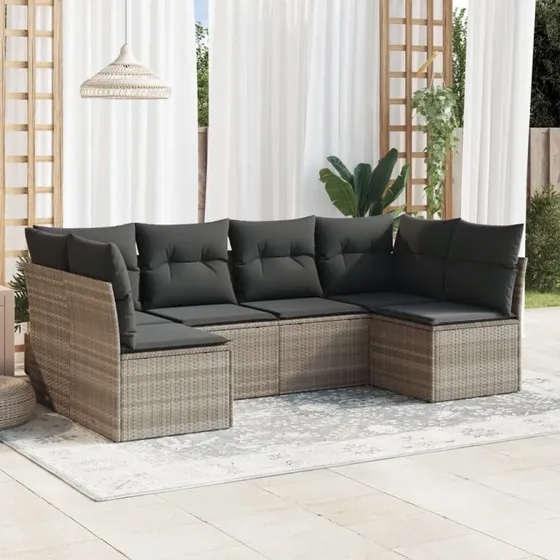 Havesofasæt 6 dele i lysegrå polyrattan med hynder