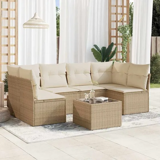 Havesofasæt 7 dele polyrattan med hynder – beige