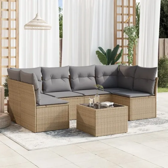 7-delers havemøbelsæt i beige polyrattan med hynder
