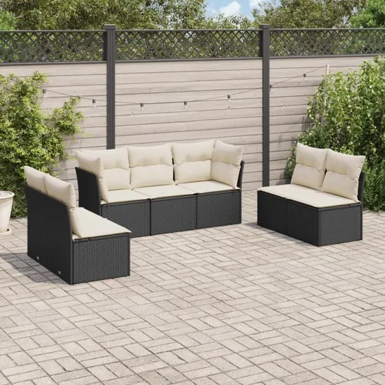 Havesæt 7 dele i sort polyrattan med hynder
