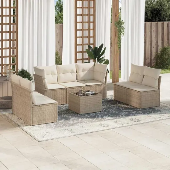 Havesæt 8 dele i polyrattan med hynder - beige
