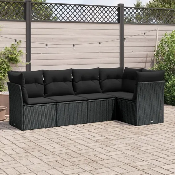 Havesofasæt 5 dele i sort polyrattan med hynder