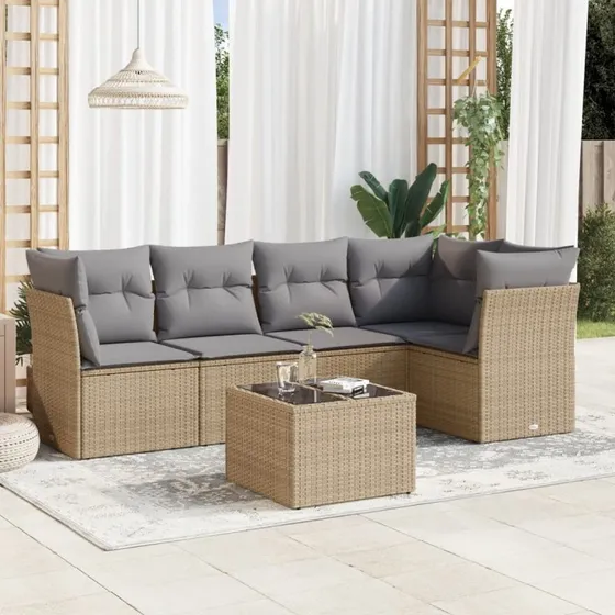 Havesofasæt 6 dele i polyrattan med hynder - beige