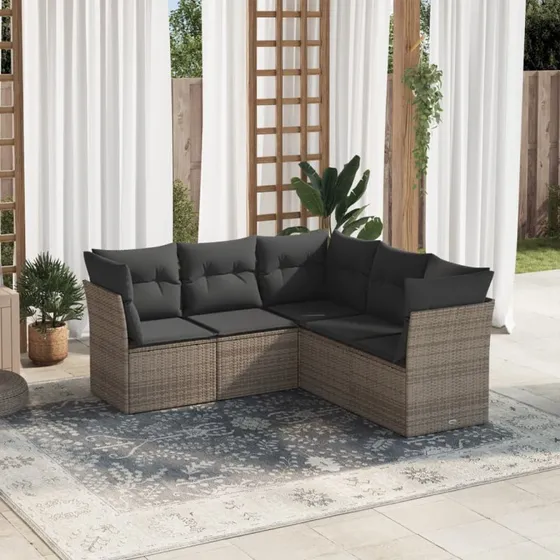 Sofasæt 5 dele i grå polyrattan med hynder
