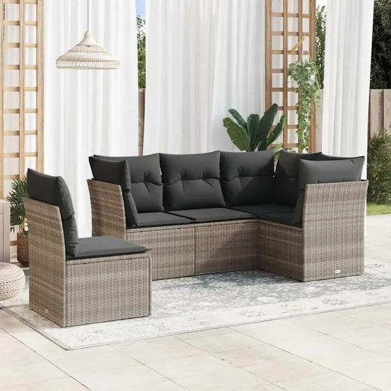 Sofasæt 5 dele i lysegrå polyrattan med hynder