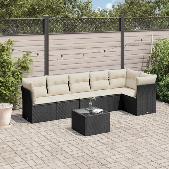 Havesofasæt 7 dele i sort polyrattan med hynder