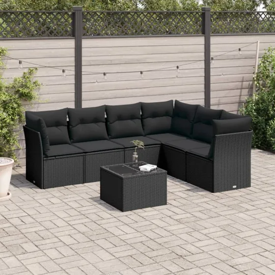 Sofasæt i polyrattan 7 dele med hynder – sort