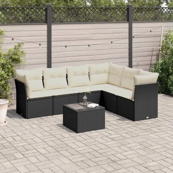 7-dele sofasæt til haven i polyrattan med hynder - sort