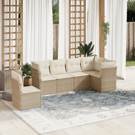 Havesofasæt 6 dele i polyrattan med hynder – beige