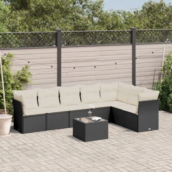 Havesofasæt 8 dele i sort polyrattan med hynder