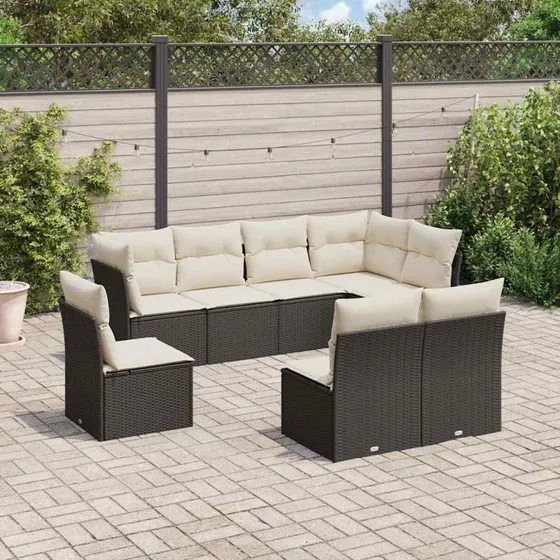 8-dele havesofasæt i polyrattan med hynder, sort