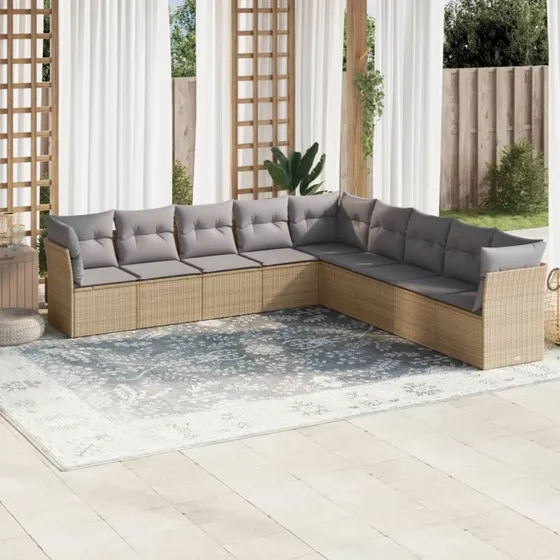 Havesofasæt 9 dele i polyrattan med hynder - beige