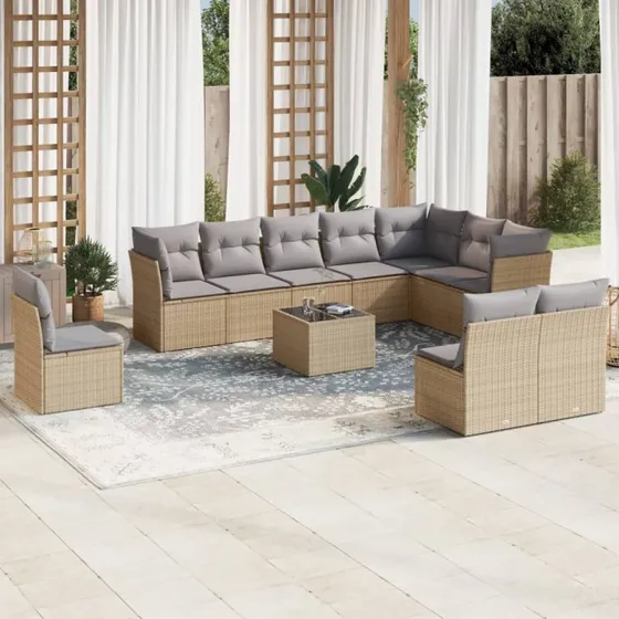 Havesofasæt i polyrattan 11 dele med hynder - beige