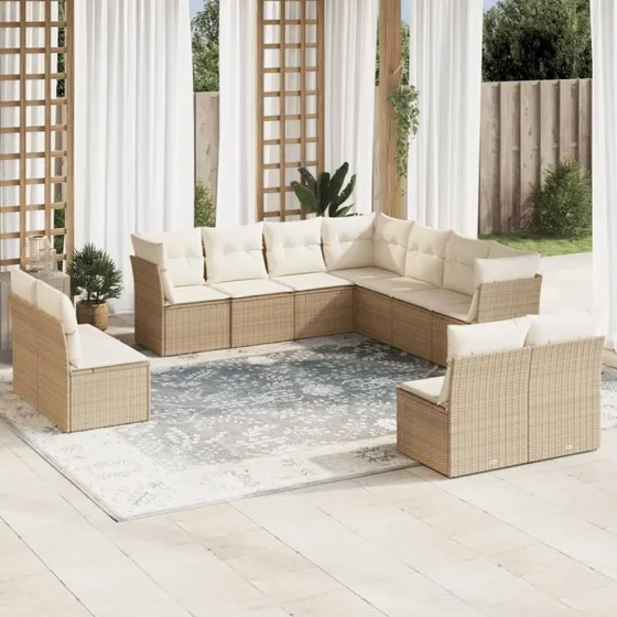 Havesofasæt 11 dele polyrattan med hynder - beige