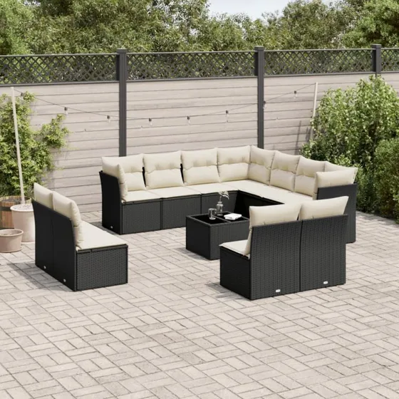 Havesofasæt 12 dele i polyrattan - sort med hynder
