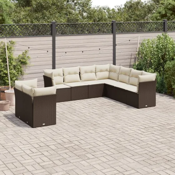 Havesofasæt 9 dele i brun polyrattan med hynder