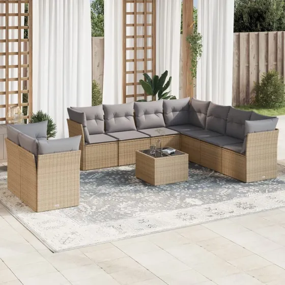 10-delers havesofasæt i polyrattan med hynder, beige