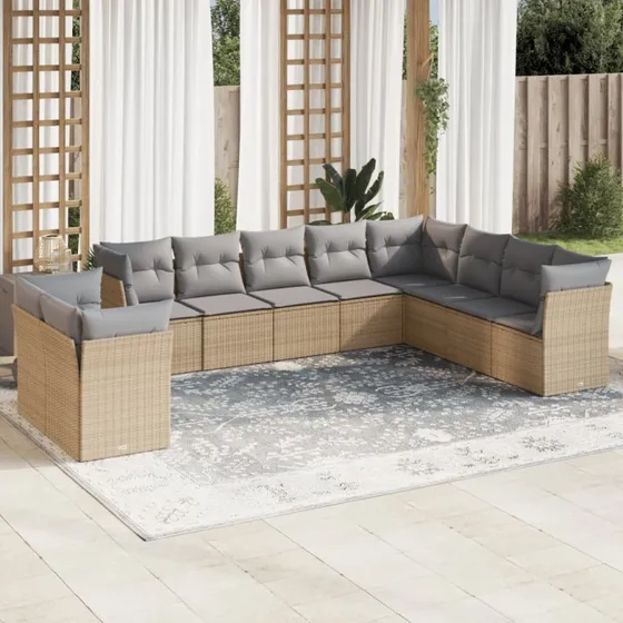 Havesæt 10 dele i polyrattan med hynder, beige