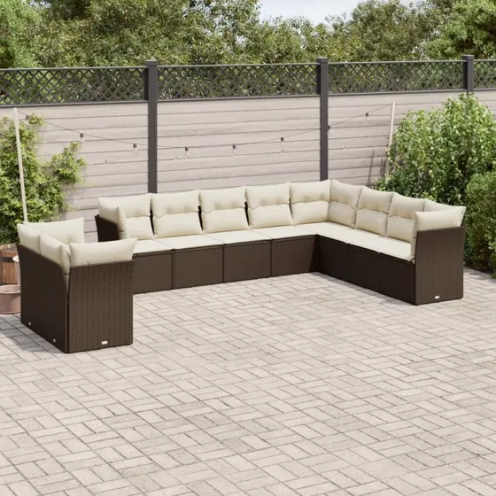 Havesofasæt 10 dele i brun polyrattan med hynder