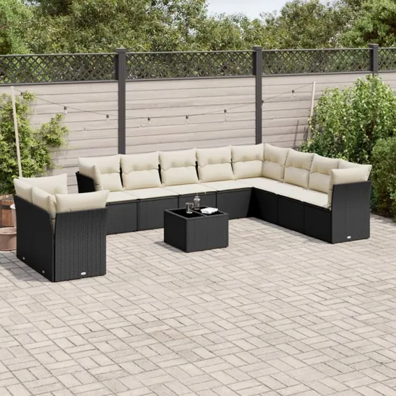 Havesofasæt 11 dele i sort polyrattan med hynder