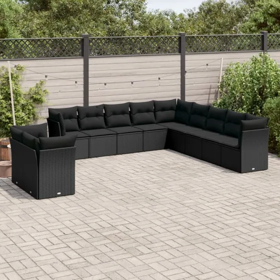 Havesofasæt 11 dele i sort polyrattan med hynder