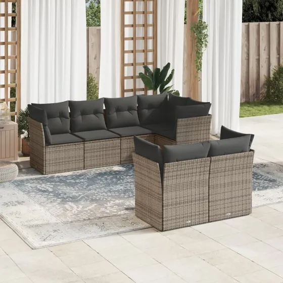 Havesofa 7 dele i grå polyrattan med hynder