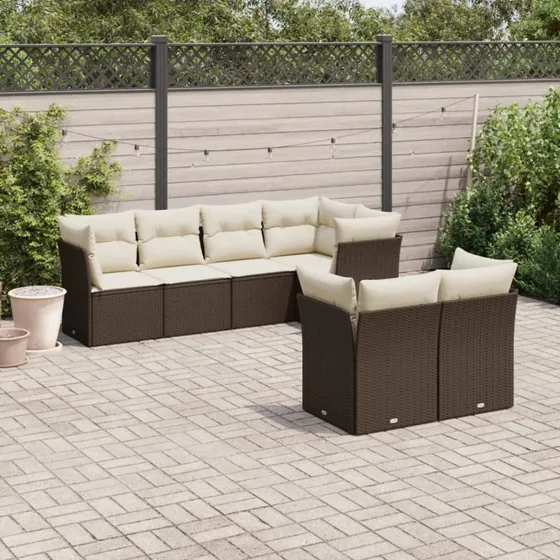 Havesofasæt 7 dele i brun polyrattan med hynder