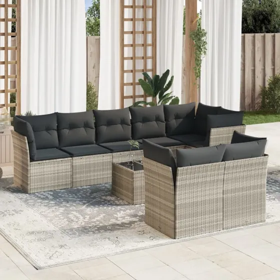 Havesofasæt 9 dele i lysegrå polyrattan med hynder
