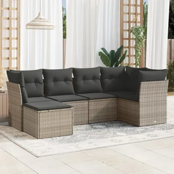Havesofasæt i polyrattan 6 dele med hynder, grå