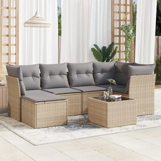 Havesofasæt 7 dele i polyrattan med hynder – beige