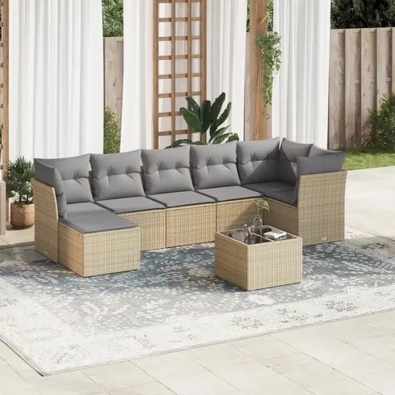 8-dele sofasæt til haven i polyrattan med hynder, beige
