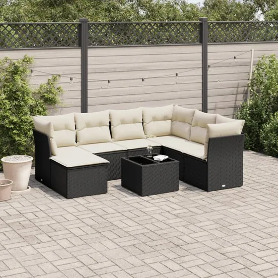 Sofasæt til haven 8 dele – sort polyrattan med hynder