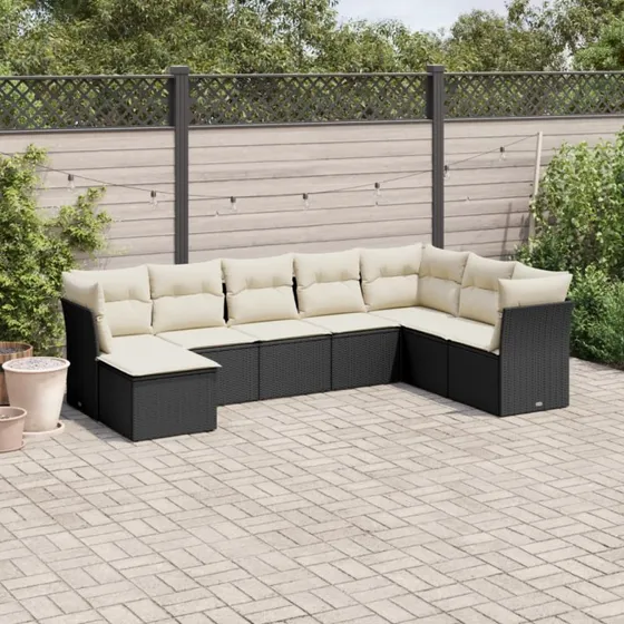Havesofasæt i polyrattan 8 dele med hynder - sort