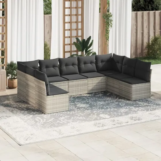 Havesofasæt 9 dele i lysegrå polyrattan med hynder